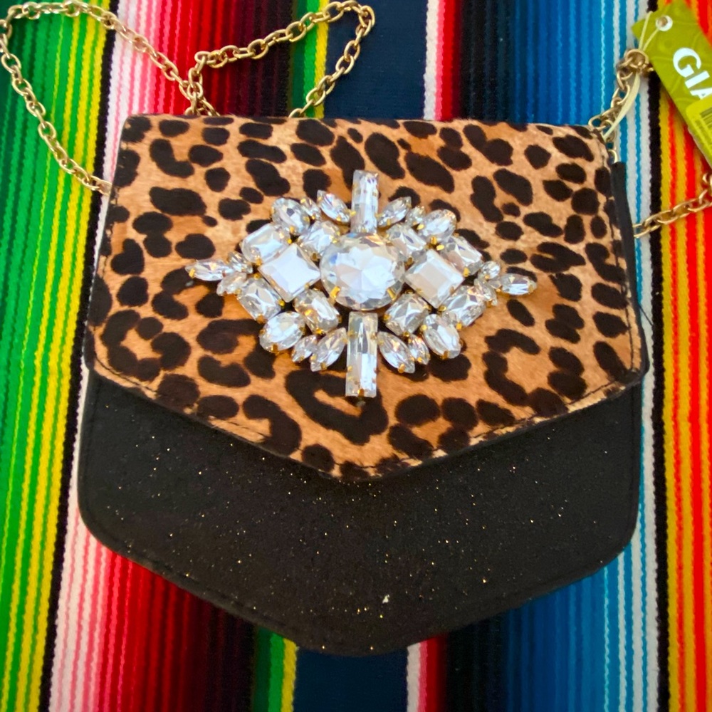 Gianni Bini Leopard Jewel Embellished Flap Clutch